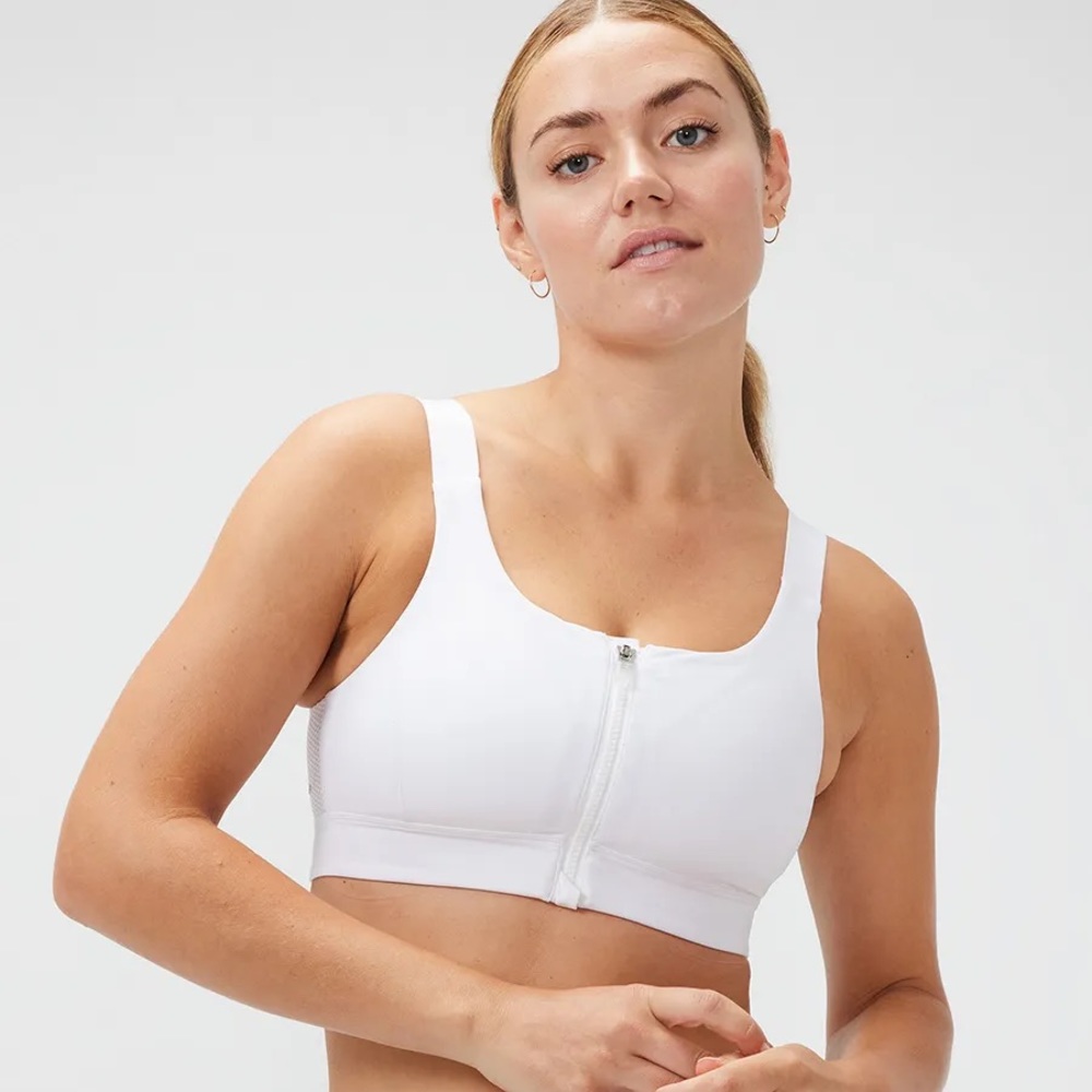 WHITE outdoor voices zip bra with adjustable straps and padding